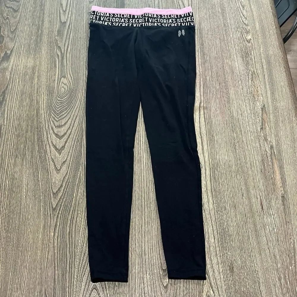 Victoria's Secret Leggings High-Rise Logo Print Waist Pull-On Black/Pink Size S